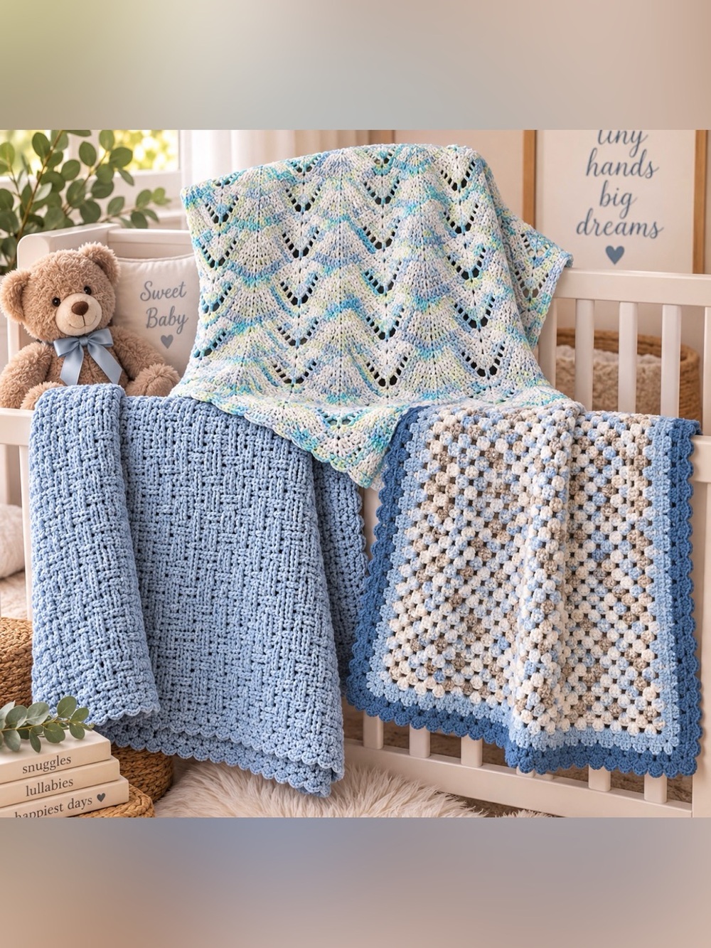 Handmade Baby Afghan Blanket Bundle 3 Blue Gray Crochet Nursery Gift
